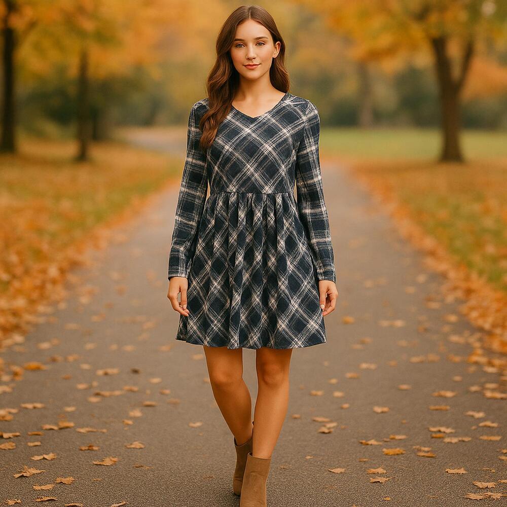 Mystree Navy Blue Plaid Long Sleeve Midi Dress | Cottagecore Rustic Boho Prairie